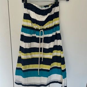 Gap Striped Blue / Green / White Strapless Linen Blend Nautical Dress, XS